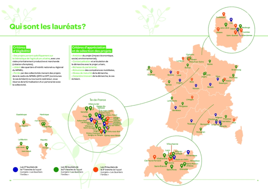 Carte des 100 lauréats de l'appel à projets Quartiers Fertiles